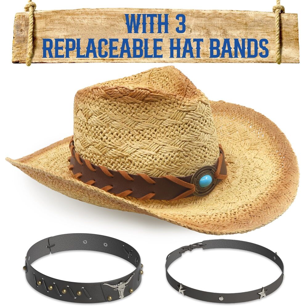 8391 Straw Cowboy Hat Vintage Cowgirl Hat with 3 Replaceable Hat Bands